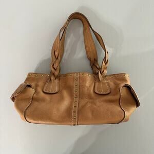 Fossil Tan Leather Shoulder Bag Satchel Studded Braided Handles w/ Key Charm